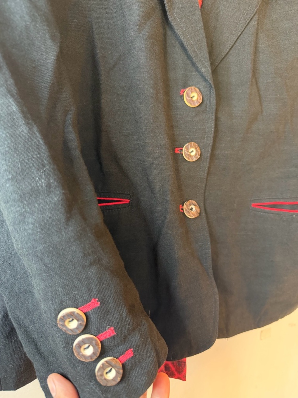 Altenbeurer Black Linen Blend Blazer Red Trim Lined Jacket Size 38 Vintage Style - Picture 4 of 10